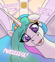 Size: 1000x1125 | Tagged: safe, artist:cocaine, derpibooru import, princess celestia, alicorn, pony, cake, cakelestia, crown, cute, cutelestia, dialogue, eye clipping through hair, eyebrows, eyebrows visible through hair, female, food, heart eyes, hoers, jewelry, looking at you, mare, open mouth, regalia, solo, sparkly eyes, talking, talking to viewer, wingding eyes