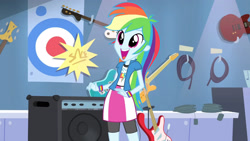 Size: 3410x1920 | Tagged: safe, derpibooru import, screencap, rainbow dash, equestria girls, guitar centered, rainbow rocks, big eyes, bike shorts, clothes, cute, cutie mark, cutie mark on clothes, dashabetes, female, gasp, high res, open mouth, open smile, shirt, short-sleeved jacket, skirt, smiling, solo, wristband