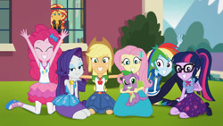 Size: 1280x720 | Tagged: safe, derpibooru import, screencap, applejack, fluttershy, pinkie pie, rainbow dash, rarity, sci-twi, spike, spike the regular dog, sunset shimmer, twilight sparkle, dog, better together, equestria girls, forgotten friendship, applejack's hat, canterlot high, clothes, cowboy hat, female, glasses, hat, humane five, humane seven, humane six, male, netflix, official