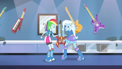 Size: 3410x1920 | Tagged: safe, derpibooru import, screencap, rainbow dash, trixie, equestria girls, guitar centered, rainbow rocks, boots, clothes, cutie mark, cutie mark on clothes, female, guitar, high res, musical instrument, shoes