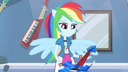 Size: 3410x1920 | Tagged: safe, derpibooru import, screencap, rainbow dash, equestria girls, guitar centered, rainbow rocks, clothes, cutie mark, cutie mark on clothes, female, guitar, high res, musical instrument, ponied up, smiling, solo, spread wings, wings