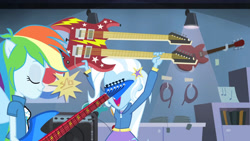 Size: 3410x1920 | Tagged: safe, derpibooru import, screencap, rainbow dash, trixie, equestria girls, guitar centered, rainbow rocks, clothes, cutie mark, cutie mark on clothes, eyes closed, female, guitar, high res, musical instrument, open mouth, ponied up, smiling, spread wings, wings
