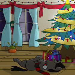 Size: 1992x1992 | Tagged: safe, artist:librarylonging, derpibooru import, part of a set, oc, oc:ada, pony, unicorn, bow, bowtie, christmas, christmas lights, christmas ornament, christmas star, christmas tree, clothes, d'lirium, decoration, ear warmers, excited, eyes closed, holiday, lying down, on back, open mouth, present, scarf, solo, streamers, tree, yelling
