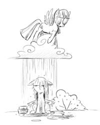 Size: 610x763 | Tagged: safe, artist:mellodillo, derpibooru import, blossomforth, pegasus, pony, basket, black and white, blueberry baskets, bush, cloud, duo, female, grayscale, mare, monochrome, on a cloud, rain, simple background, standing on a cloud, unamused, wet, wet mane, white background