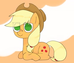 Size: 2048x1771 | Tagged: safe, artist:omelettepony, derpibooru import, applejack, earth pony, pony, eye clipping through hair, female, hat, looking at you, lying down, mare, ponyloaf, prone, simple background, smiling, smiling at you, solo