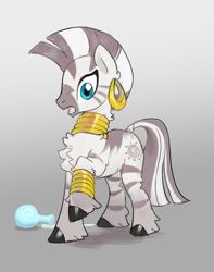 Size: 2075x2631 | Tagged: safe, artist:marbo, derpibooru import, zecora, zebra, /mlp/, bracelet, chest fluff, drawthread, ear piercing, earring, female, flask, fluffy, gradient background, hooves, jewelry, mare, neck rings, open mouth, piercing, potion, quadrupedal, raised hoof, raised leg, requested art, solo, surprised