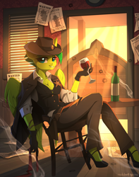 Size: 2500x3165 | Tagged: safe, artist:redchetgreen, derpibooru import, oc, oc only, anthro, pegasus, plantigrade anthro, bullet hole, female, glass, gun, handgun, hat, high heels, holster, looking at you, revolver, sheriff, shoes, sitting, smiling, smiling at you, solo, vest, wanted poster, weapon, wine, wine bottle, wine glass
