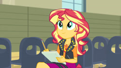Size: 3410x1920 | Tagged: safe, derpibooru import, screencap, sunset shimmer, equestria girls, equestria girls series, rarity investigates: the case of the bedazzled boot, clothes, cute, cutie mark, cutie mark on clothes, female, geode of empathy, jacket, jewelry, leather, leather jacket, magical geodes, necklace, pencil, shimmerbetes, smiling, solo