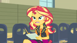 Size: 3410x1920 | Tagged: safe, derpibooru import, screencap, sunset shimmer, equestria girls, equestria girls series, rarity investigates: the case of the bedazzled boot, clothes, cutie mark, cutie mark on clothes, female, geode of empathy, jacket, jewelry, leather, leather jacket, magical geodes, necklace, open mouth, pencil, solo
