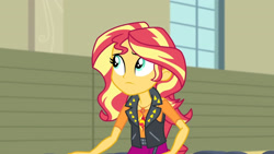 Size: 3410x1920 | Tagged: safe, derpibooru import, screencap, sunset shimmer, equestria girls, equestria girls series, rarity investigates: the case of the bedazzled boot, clothes, cutie mark, cutie mark on clothes, female, geode of empathy, jacket, jewelry, leather, leather jacket, magical geodes, necklace, solo