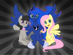 Size: 1024x768 | Tagged: safe, artist:purpletinker, derpibooru import, fluttershy, octavia melody, princess luna, alicorn, earth pony, pegasus, pony, 2017, female, open mouth, open smile, smiling, trio