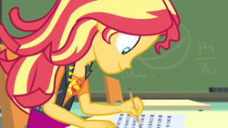 Size: 3410x1920 | Tagged: safe, derpibooru import, screencap, sunset shimmer, better together, equestria girls, the finals countdown, chalkboard, clothes, cutie mark, cutie mark on clothes, female, geode of empathy, high res, jacket, jewelry, leather, leather jacket, magical geodes, necklace, pencil, smiling, solo