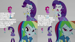 Size: 1280x720 | Tagged: safe, derpibooru import, edit, edited screencap, editor:quoterific, screencap, pinkie pie, rainbow dash, rarity, equestria girls, mirror magic, spoiler:eqg specials, angry, boots, bracelet, clothes, cutie mark, cutie mark on clothes, eyes closed, female, food, geode of shielding, geode of sugar bombs, geode of super speed, hairpin, jewelry, magical geodes, marshmelodrama, mirror world, necklace, open mouth, popcorn, rarity being rarity, shoes