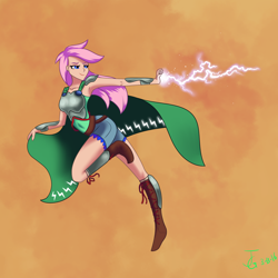 Size: 2000x2000 | Tagged: safe, artist:joan-grace, derpibooru import, human, abstract background, boots, cape, clothes, female, glowing hands, humanized, lightning, looking back, shoes, signature, smiling, solo