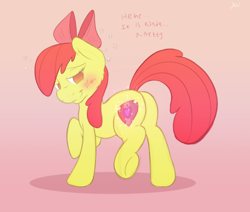 Size: 500x423 | Tagged: safe, artist:23we, derpibooru import, apple bloom, earth pony, pony, blushing, butt, cheek fluff, cutie mark, female, filly, gradient background, looking at you, looking back, looking back at you, plot, raised hoof, raised leg, raised tail, smiling, smiling at you, solo, tail, text