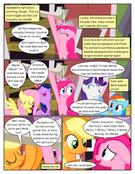 Size: 612x792 | Tagged: safe, artist:newbiespud, derpibooru import, applejack, fluttershy, pinkie pie, rainbow dash, rarity, twilight sparkle, unicorn twilight, earth pony, pegasus, pony, unicorn, comic:friendship is dragons, magical mystery cure, a true true friend, applejack's hat, bipedal, clothes, comic, cowboy hat, element of generosity, element of kindness, element of loyalty, element of magic, female, hat, pinkamena diane pie, swapped cutie marks, sweet apple acres