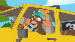 Size: 3840x2160 | Tagged: safe, artist:ljdamz1119, derpibooru import, shanty goat, goat, them's fightin' herds, chest, community related, driving, family guy, flag, gold tooth, hummer, meme, pirate, ship wheel, solo, vehicle