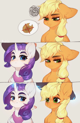 Size: 1920x2937 | Tagged: safe, artist:minekoo2, derpibooru import, applejack, rarity, earth pony, pony, unicorn, blushing, ears, female, floating heart, floppy ears, generosity, glowing horn, grumpy, hat, heart, horn, lesbian, rarijack, shipping