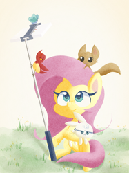 Size: 1666x2224 | Tagged: safe, artist:pitybug, derpibooru import, angel bunny, fluttershy, bird, butterfly, pegasus, pony, rabbit, squirrel, my little pony: pony life, animal, duo, female, folded wings, grass, hoof hold, looking at something, looking up, mare, outdoors, phone, selfie, selfie stick, sitting, smiling, unshorn fetlocks, wings