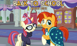 Size: 2064x1242 | Tagged: safe, anonymous artist, derpibooru import, moondancer, sunburst, pony, unicorn, 2021, back to school, duo, female, friendship, glasses, greeting, librarian, looking at you, male, mare, one eye closed, school of friendship, shipping, smiling, stallion, straight, sundancer, vice principal sunburst, welcome, wink, winking at you