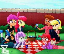Size: 1200x1020 | Tagged: safe, artist:theretroart88, derpibooru import, apple bloom, scootaloo, sweetie belle, equestria girls, annika settergren, cardigan, clothes, cupcake, cutie mark crusaders, drink, eating, female, food, jeans, lying down, male, midriff, pants, picnic, pie, pippi longstocking, prone, sandals, sandwich, shirt, shoes, shorts, sneakers, striped shirt, t-shirt, the pose, thomas settergren