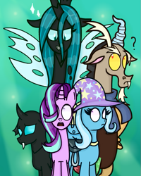 Size: 571x715 | Tagged: safe, artist:763lilypadpandaowl, derpibooru import, discord, queen chrysalis, starlight glimmer, thorax, trixie, changedling, changeling, changeling queen, draconequus, pony, unicorn, to where and back again, bag, clothes, female, green background, hat, male, question mark, reformed four, scared, shirt, shocked, simple background, sparkles, trixie's hat