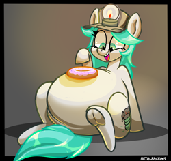 Size: 3500x3308 | Tagged: safe, artist:metalface069, derpibooru import, earth pony, pony, belly, big belly, chubby, commission, donut, fat, female, food, frog (hoof), happy, hat, mare, open mouth, open smile, smiling, underhoof