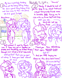 Size: 4779x6013 | Tagged: safe, artist:adorkabletwilightandfriends, derpibooru import, coco pommel, rarity, twilight sparkle, twilight sparkle (alicorn), oc, oc:greg, alicorn, comic:adorkable twilight and friends, adorkable, adorkable twilight, angry, comic, conversation, cute, dork, friendship, funny, grass, guilty, happy, humor, nervous, passive aggressive, passive aggressive twilight, pointing, sign, slice of life, smiling, stern, sweat, walking, wing hands, wings