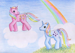 Size: 1280x903 | Tagged: safe, artist:normaleeinsane, derpibooru import, pinwheel, starflower, g1, bow, rainbow, rainbow ponies, tail bow