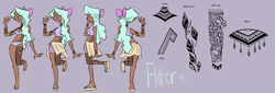Size: 5000x1700 | Tagged: safe, artist:galaxiedream, derpibooru import, flitter, human, anklet, barefoot, belly button, belly piercing, bellyring, bow, bra, bracelet, clothes, compression shorts, dark skin, ear piercing, earring, feet, female, hair bow, humanized, jewelry, midriff, nail polish, nose piercing, panties, piercing, purple background, purple underwear, reference sheet, sandals, simple background, skirt, solo, sports bra, tattoo, toenail polish, underwear, wristband