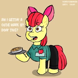 Size: 400x400 | Tagged: safe, derpibooru import, apple bloom, pony, apple, apple pie, applebee's, bow, clothes, female, food, holding, name tag, pie, question, shadow, signature, simple background, talking, text