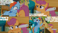 Size: 1280x720 | Tagged: safe, derpibooru import, edit, edited screencap, editor:quoterific, screencap, rainbow dash, scootaloo, pegasus, pony, season 8, the washouts (episode), clubhouse, crusaders clubhouse, female, filly, flying, mare, open mouth, pointing, poster, the washouts