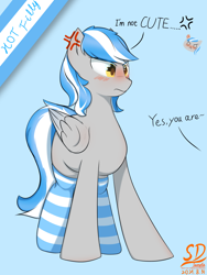 Size: 3000x4000 | Tagged: safe, artist:speedy dashie, derpibooru import, oc, oc only, oc:antimony, pony, blushing, clothes, cute, female, i'm not cute, socks, solo, striped socks