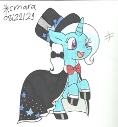 Size: 1026x1108 | Tagged: safe, artist:cmara, derpibooru import, trixie, bow, bowtie, cape, clothes, hair bow, happy, hat, shoes, smiling, solo, top hat, traditional art