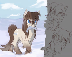 Size: 1440x1152 | Tagged: safe, artist:rirurirue, oc, oc only, oc:frosty flakes, earth pony, fish, pony, /mlp/, chest fluff, colored, cute, dead, disembodied hand, drawthread, female, fluffy, gray background, hand, head tilt, looking at you, mare, offscreen character, ponies eating fish, ponies eating meat, raised hoof, raised leg, requested art, simple background, sketch, smiling, smiling at you, sniffing, snow, snowpony (species), solo, solo focus, taiga pony, x eyes, yakutian horse