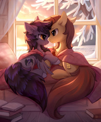 Size: 1323x1600 | Tagged: safe, artist:tomatocoup, derpibooru import, ponerpics import, oc, oc only, oc:radiant star, oc:rune riddle, earth pony, pegasus, pony, bed, blanket, book, chest fluff, commission, cozy, cuddling, cute, daaaaaaaaaaaw, ear fluff, ears, eye contact, featured image, female, floppy ears, holding hooves, hoof fluff, lidded eyes, looking at each other, male, mare, oc x oc, prone, runestar, shipping, sitting, smiling, smiling at each other, snow, stallion, straight, tree, unshorn fetlocks, window, wing fluff, winter, ych result