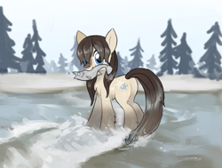 Size: 1580x1196 | Tagged: safe, artist:marbo, oc, oc only, oc:frosty flakes, fish, pony, /mlp/, :v, blaze (coat marking), butt, chest fluff, coat markings, drawthread, female, fishing, fluffy, looking at you, mare, mouth hold, plot, ponies eating fish, ponies eating meat, river, snow, snowpony (species), socks (coat marking), solo, taiga pony, tree, water, wet, yakutian horse