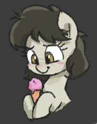 Size: 231x296 | Tagged: safe, artist:anonymous, oc, oc only, pony, /mlp/, blushing, bust, cute, drawthread, female, gray background, ice cream, mare, simple background