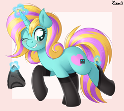 Size: 4000x3600 | Tagged: safe, artist:ziemniax, oc, oc only, unicorn, blushing, clothes, cute, cutie mark, drawthread, female, horn, looking back, magic, mare, one eye closed, panties, simple background, socks, solo, stockings, thigh highs, underwear, wink