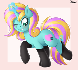 Size: 4000x3600 | Tagged: safe, artist:ziemniax, edit, oc, oc only, unicorn, blushing, clothes, cute, cutie mark, drawthread, female, horn, looking back, magic, mare, one eye closed, simple background, socks, solo, stockings, thigh highs, wink