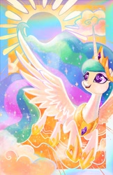 Size: 1324x2048 | Tagged: safe, artist:sophillia, derpibooru import, princess celestia, alicorn, pony, cloud, colored pupils, female, flying, mare, open mouth, solo, spread wings, sun, wings