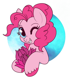 Size: 1017x1124 | Tagged: safe, artist:lulubell, derpibooru import, pinkie pie, earth pony, pony, cute, female, flower, grin, looking at you, mare, one eye closed, smiling, solo, tulip, wink, winking at you