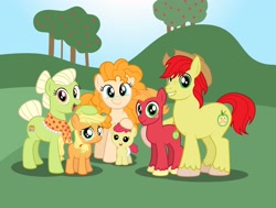 Size: 3120x2355 | Tagged: safe, artist:aleximusprime, derpibooru import, apple bloom, applejack, big macintosh, bright mac, granny smith, pear butter, earth pony, pony, flurry heart's story, apple, apple family, apple tree, baby, baby apple bloom, blank flank, bright mac's hat, colt, colt big macintosh, family photo, father and child, father and daughter, father and son, female, filly, filly applejack, granny smith's shawl, hoof on head, male, mare, mother and child, mother and daughter, mother and son, parent and child, smiling, stallion, tree, younger