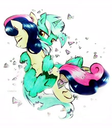 Size: 2636x3010 | Tagged: safe, artist:liaaqila, derpibooru exclusive, derpibooru import, part of a set, bon bon, lyra heartstrings, sweetie drops, earth pony, pony, unicorn, commission, disintegration, fanfic art, female, hug, lesbian, lyrabon, mare, sad, shipping