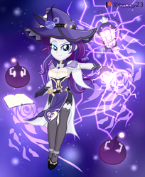 Size: 1738x2133 | Tagged: safe, artist:tabrony23, derpibooru import, rarity, equestria girls, bedroom eyes, bomb, book, breasts, clothes, cosplay, costume, cute, dreamworks face, electricity, female, genshin impact, gloves, hat, lamp, lisa (genshin impact), looking at you, magic, patreon, patreon logo, raritits, sexy, shoes, slimes (genshin impact), smiling, smiling at you, solo, weapon, witch hat