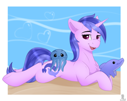 Size: 2500x2000 | Tagged: safe, artist:monsoonvisionz, derpibooru import, sea swirl, seafoam, dolphin, octopus, pony, unicorn, background pony, commission, cute, female, lying down, mare, on stomach, plushie, prone, smiling, solo