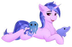 Size: 2497x1653 | Tagged: safe, alternate version, artist:monsoonvisionz, derpibooru import, sea swirl, seafoam, dolphin, octopus, pony, unicorn, background pony, commission, cute, female, lying down, mare, on stomach, plushie, prone, simple background, smiling, solo, transparent background