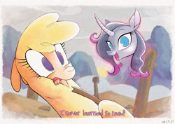 Size: 1280x906 | Tagged: safe, artist:konanachi, derpibooru import, oleander, paprika paca, alpaca, unicorn, them's fightin' herds, the maud couple, community related, duo, duo female, female, floating head, parody, scene parody, text