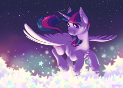 Size: 4634x3309 | Tagged: safe, artist:taytinabelle, derpibooru import, twilight sparkle, twilight sparkle (alicorn), alicorn, pony, abstract background, beautiful, chest fluff, cute, ear fluff, ears, female, flying, happy, high res, leg fluff, lighting, looking down, mare, night, shiny eyes, sky, smiling, solo, spread wings, stars, unshorn fetlocks, wings