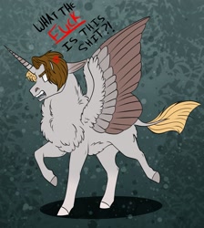 Size: 2297x2563 | Tagged: safe, artist:inisealga, derpibooru import, oc, oc only, oc:primitive, alicorn, donkey, pony, abstract background, alicorn oc, angry, chest fluff, colored wings, dialogue, ears, eye clipping through hair, eyebrows, eyebrows visible through hair, floppy ears, gradient background, high res, horn, male, neck fluff, open mouth, race swap, solo, spread wings, stallion, vulgar, wings